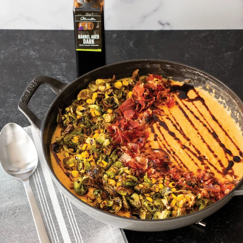 Creamy Polenta With Crispy Pancetta, Brussels Sprouts, And Corn