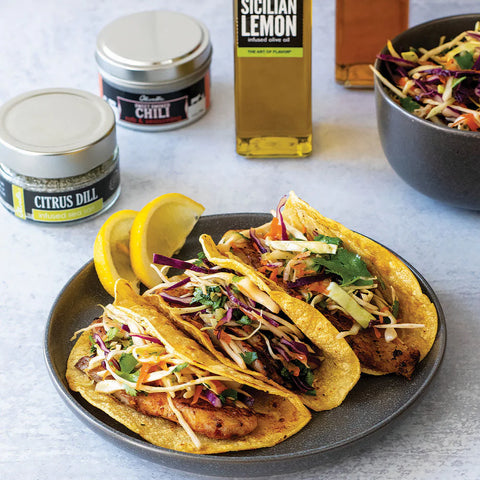 Lemon & Chili Fish Tacos With Cucumber Slaw